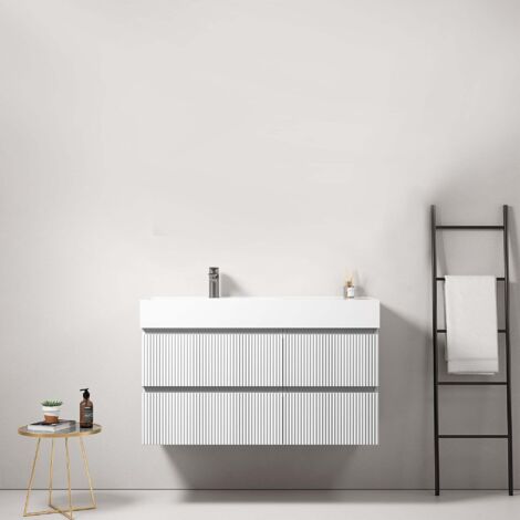 Mobile bagno sospeso cannettato 100 cm Bianco Lavabo a Sinistra in Resina Senza Specchio - Fiji Paint