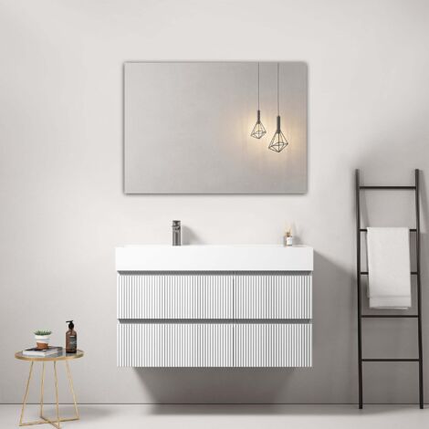 Mobile bagno sospeso cannettato 100 cm Bianco Lavabo a Sinistra in Resina Specchio Quadro - Fiji Paint