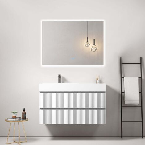 Mobile bagno sospeso cannettato 100 cm Bianco Lavabo a Sinistra in Resina Specchio Quadro Retroilluminato - Fiji Paint