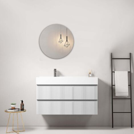 Mobile bagno sospeso cannettato 100 cm Bianco Lavabo a Sinistra in Resina Specchio Tondo - Fiji Paint