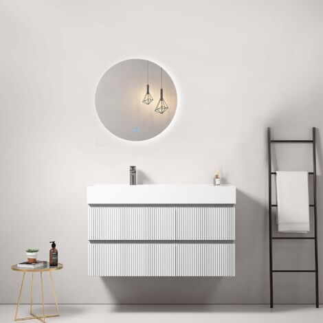Mobile bagno sospeso cannettato 100 cm Bianco Lavabo a Sinistra in Resina Specchio Tondo Retroilluminato - Fiji Paint