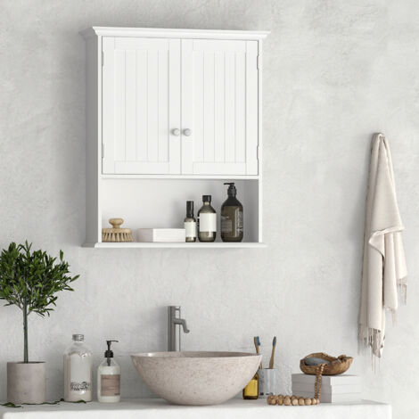 Mobile Bagno Sospeso con Armadietto a 2 Ante con Chiusura Magnetica e Ripiano Aperto, Pensile Bagno Sospeso con Ripiano Regolabile, per Cucina, Ingresso e Soggiorno, 60x20x70.5 cm, Bianco