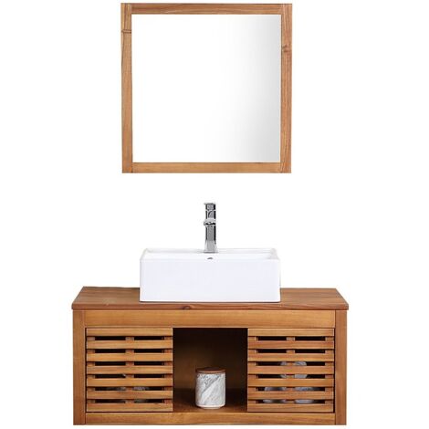 Mobile bagno sospeso con lavabo semplice e specchio 90 cm in Legno di acacia - PENEBEL