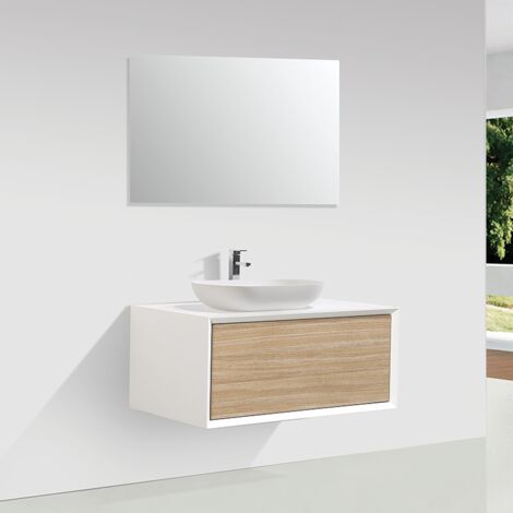 Mobile bagno sospeso con vasca PALIO 90 cm - bianco / rovere chiaro