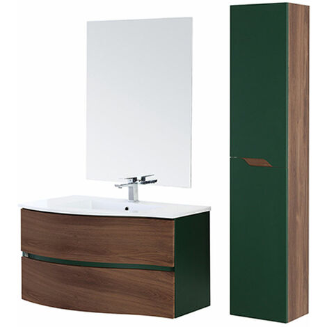 Mobile Bagno Sospeso Curvo Noce Verde Composizione Lavabo Specchio Minori