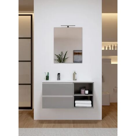 Mobile Bagno Sospeso 60 cm Wood Beige con Lavabo Centrale in Resina e  Specchio Tondo Fiji - Meda