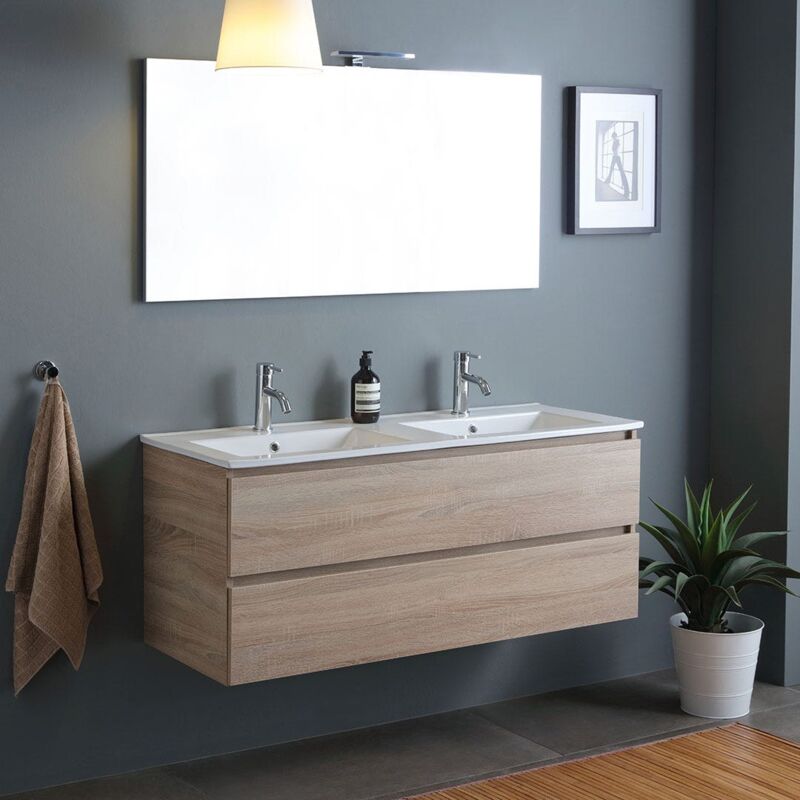 

Mobile Bagno Sospeso Doppio Lavabo Con Cassetti Quercia Naturale 120Cm