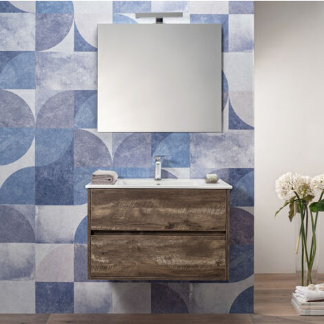 Mobile Bagno Sospeso Effetto Legno Grezzo 100 Cm 2 Cassetti Lavabo e Specchio