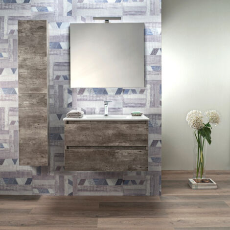 Mobile Bagno Sospeso Grigio Cemento 80 Cm con Colonna Lavabo e Specchio