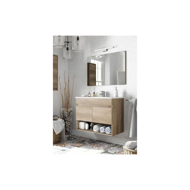 Mobile sottolavabo, Mobiletto per bagno a 2 ante, Armadietto sospeso con ripiano e specchio, lavabo non incluso, cm 80x45h64, Quercia