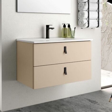 Mobile bagno sospeso Invicta con due cassetti colore cappuccino con maniglie nere 80x48x45 cm.