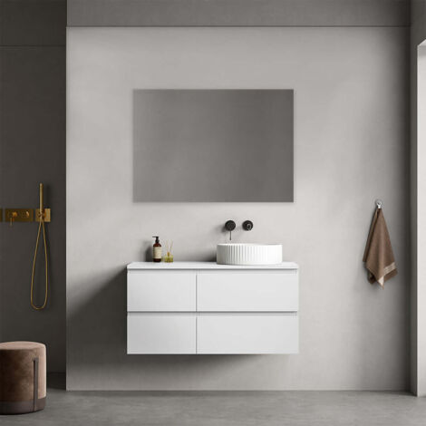 Mobile bagno sospeso reversibile  100 cm Bianco Opaco per Lavabo d'appoggio Specchio Quadro - Fiji Paint Top