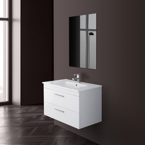 Mobile Bagno Con Specchio E Lavabo.Mobile Bagno Sospeso Salvaspazio L 81 Cm In Legno Bianco Con Specchio E Lavabo 799005