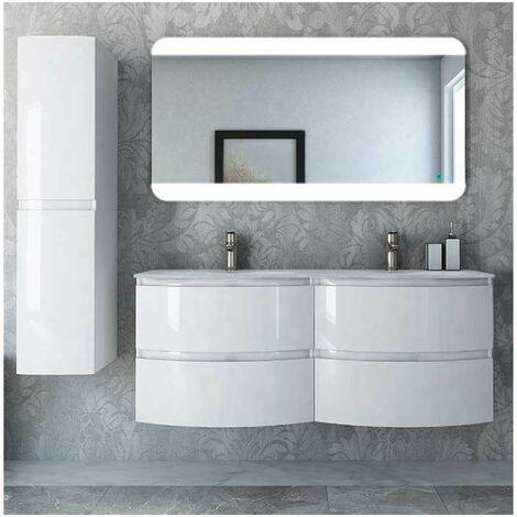 Mobile Bagno Vague138 cm SospesoBianco Lucido Base 4 cassetti - Doppio Lavabo in Resina