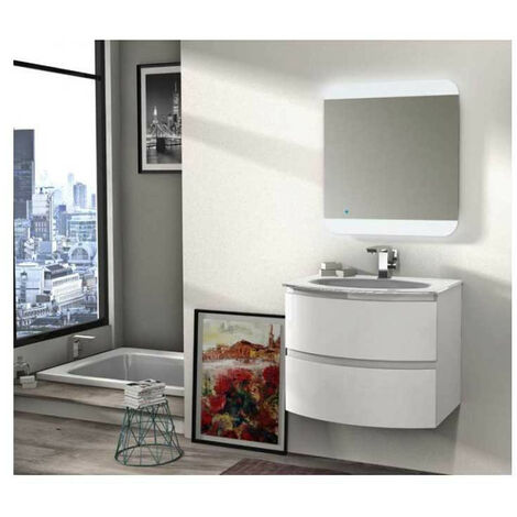 Mobile Bagno Vague70 cm SospesoBianco Lucido Base 2 cassetti - Lavabo in Resina
