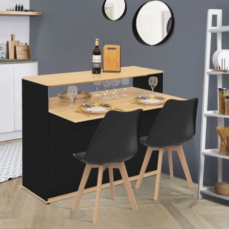 Mobile bar VITO allungabile come tavolo da pranzo a 2 posti, nero con piano in legno