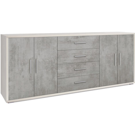 Mobile Basso 4 Ante 4 Cassetti 203x84x41 cm Ossido Bianco/Cemento