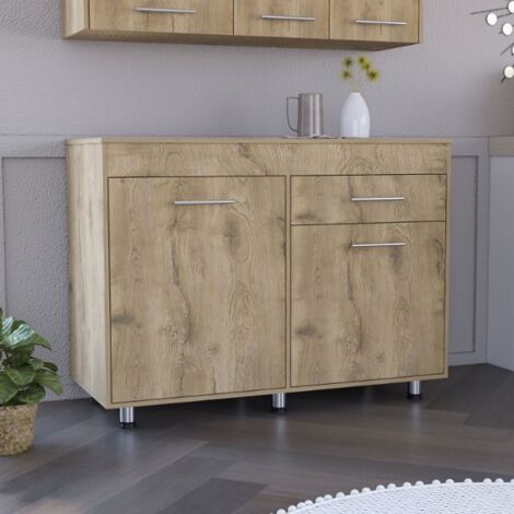 Mobile basso da cucina Orion con cassetto, dimensioni 89,5 cm L x 51,6 cm P x 120,3 cm H, colore bianco / macadamia