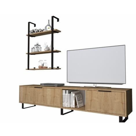 Mobile Basso Porta TV 180 Rovere Anta Ripiani Libreria Parete in Legno Moderno