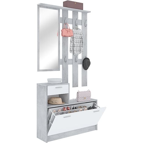 Mobile Belem Mobiletto da Ingresso con Scarpiera Appendiabiti e Specchio Arredo Arredamento Corridoio Entratina 97 x 35 x 25 cm (Bianco e Grigio Cemento)