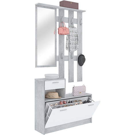 Mobile Belem Mobiletto da Ingresso con Scarpiera Appendiabiti e Specchio Arredo Arredamento Corridoio Entratina 97 x 35 x 25 cm (Bianco e Grigio Cemento)