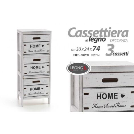 Mobile cassettiera Home bianca shabby legno 3 cassetti cm 30 x 24 x 74 h