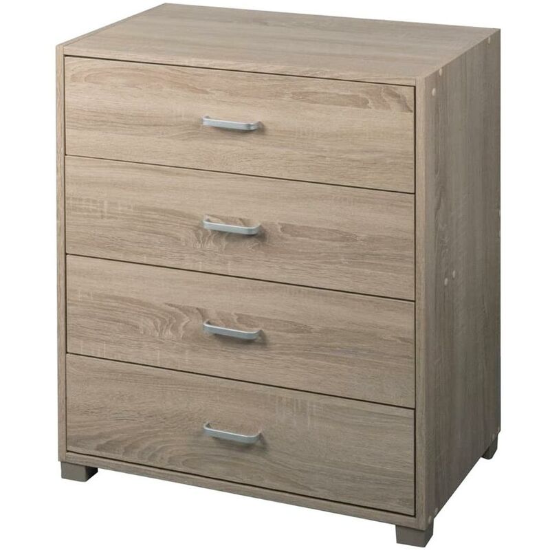 BAKAJI Mobile Cassettiera Mobiletto 4 Cassetti in Legno MDF Pomelli in Metallo Design Moderno Arredamento Casa Camera da Letto Colore Quercia 68 x 40 x 82 cm