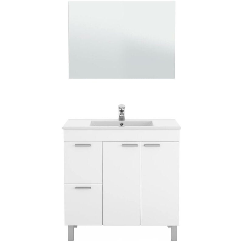 Mobile sottolavabo, Mobiletto per bagno, Armadio a 2 ante e due cassetti con specchio, lavabo non incluso, cm 80x45h80, Bianco lucido