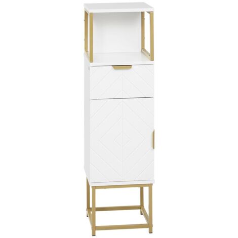 MOBILE COLONNA BAGNO CON CASSETTO. ARMADIETTO E RIPIANO IN LEGNO E METALLO. 30X30X105CM. BIANCO