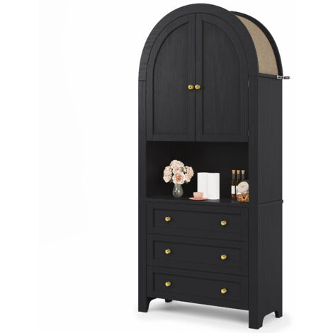 Mobile Contenitore Alto ad Arco 70x35x180 cm, Ante Imbottite, Chiusura Ammortizzata, MDF Nero, per Soggiorno