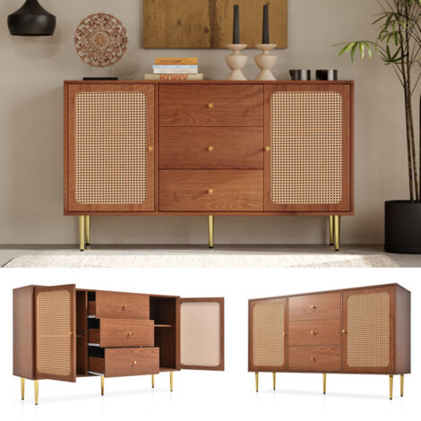 Mobile contenitore, credenza con 3 cassetti e doppia porta, ripiano regolabile, adatto per camera da letto e tutti gli ambienti domestici, finitura noce, H 90 × L 150 × P 40 cm, stile country