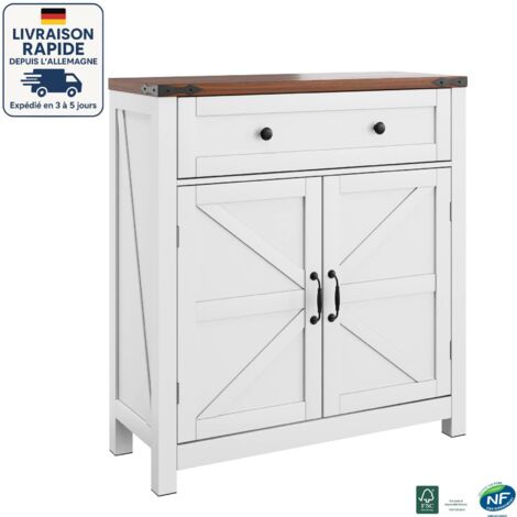 Mobile contenitore - Credenza - Piani di lavoro effetto noce - Scandinavo - Due ante + un cassetto - 76 x 30 x 83 cm - Bianco