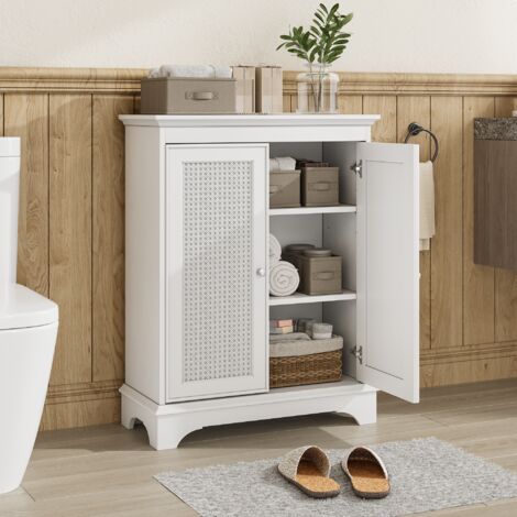 Mobile contenitore da bagno indipendente, ripiano regolabile, anta in rattan, 66,6×30×86,5 cm, MDF bianco