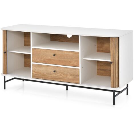 Mobile credenza con ante scorrevoli 2 cassetti foro per cavi, Mobile TV stile mid century da salotto Bianco