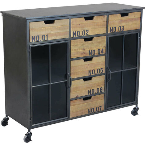 Mobile credenza madia da interno in acciaio e legno con ruote e 7 cassetti Dark