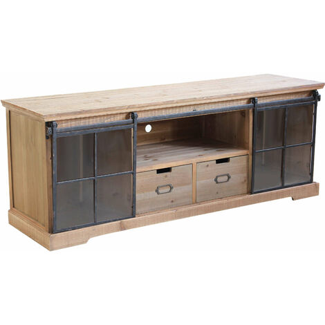 Mobile credenza madia in acciaio e legno con 2 ante laterali scorrevoli in vetro 2 cassetti e 1 ripiano centrale Linea Industrial