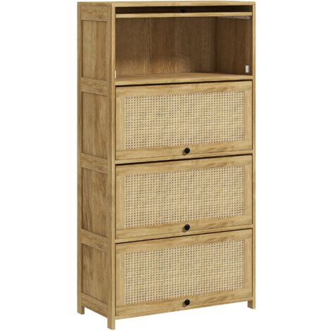 Mobile Cucina in stile Boho con 4 Ante a Ribalta 70x32x132.8 cm in Truciolato e Rattan