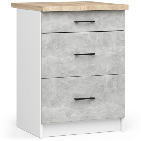 Mobile cucina modulare con piano di lavoro AKORD OLIWIA Bianco 60 cm 3 cassetti inserto frontale Cemento 60x46x85 cm