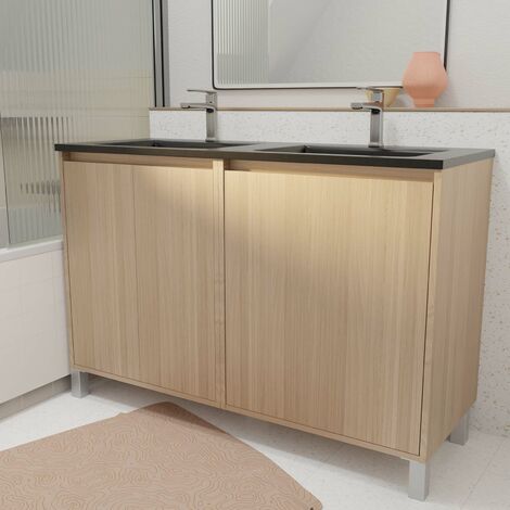 Mobile da bagno 120 cm 4 Ante Rovere Chiaro + Lavabo Doppio in Ceramica Nera - XENOS