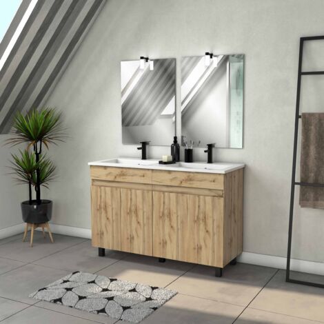 Mobile da bagno 120cm 4 ante aspetto Rovere Naturale + lavabo bianco e specchi con applique LED