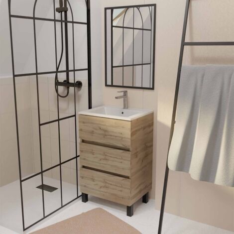 Mobile da bagno 50 Finitura Rovere Naturale 3 cassetti Lavabo bianco e Specchio 50x70cm