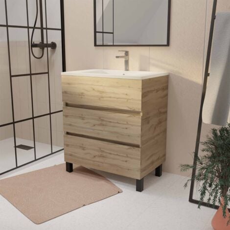 AURLANE da bagno 70 cm Decor Rovere Naturale con 3 cassetti e Lavabo in ceramica bianca