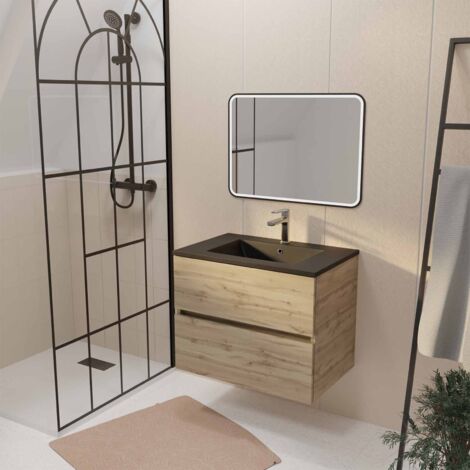 Mobile da bagno 70 Finitura Rovere Naturale 2 cassetti Lavabo nero e Specchio Led 70x50