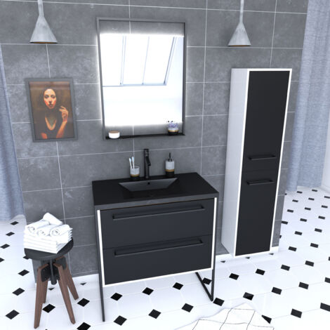 Mobile da bagno 80 cm, Lavabo nero, Specchio LED e Colonna - Bianco e Nero - STRUCTURA