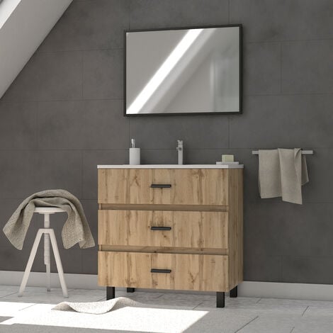 Mobile da bagno 80 cm - Rovere industriale - 3 cassetti - Lavabo e Specchio