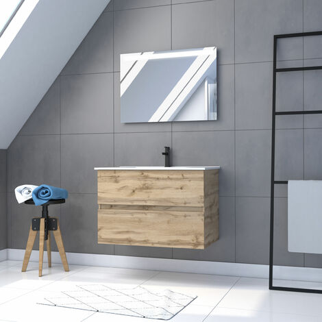 Mobile da bagno 80cm Da appendere Rovere Lavabo + Specchio Led - TIMBER 80 - Pack36