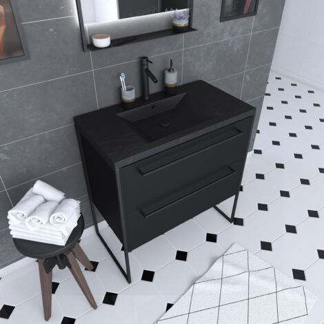 Mobile da bagno 80x50 - 2 cassetti - lavabo in resina nero effetto pietra - STRUCTURA F051