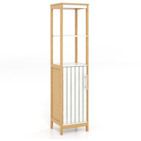 Mobile da bagno alto 129 cm con anta ripiani e ripiano regolabile, Armadietto alto e stretto in bambù Naturale