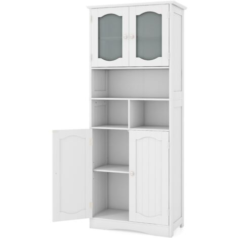 Mobile da bagno alto 148,5cm con porte in vetro satinato e ripiani, Mobile autonomo per cucina soggiorno ufficio Bianco
