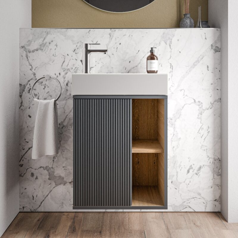 Image of Mobile da bagno beldivo 50cm con lavabo bianco - cerniera anta sinistra - colore selezionabile Antracite opaco